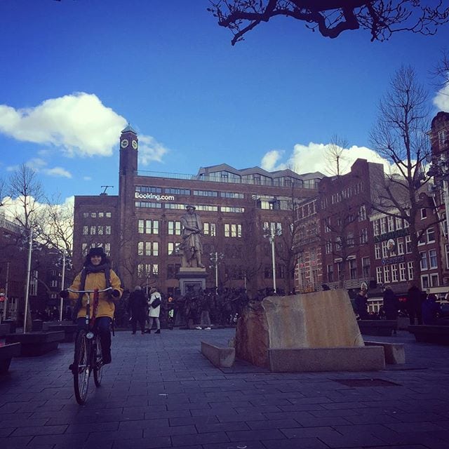 Bright Winter day in #Amsterdam. 
#Holland #Netherlands #Rembrandt #Cyclist #Sculptures #BookingDotCom