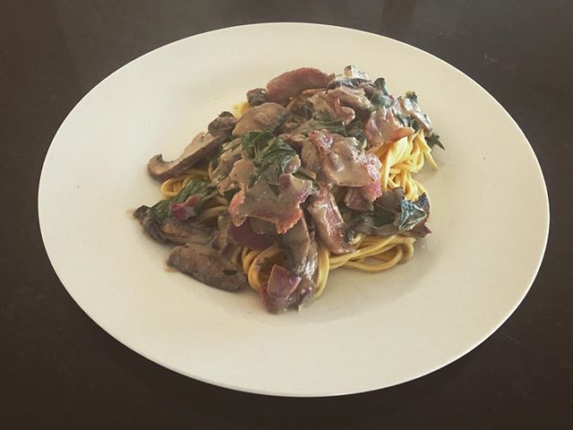 Homemade #Bacon, #Spinach & #Mushroom #Cream #Spaghetti. 
Also threw in a couple cheeky ingredients from the herb garden.