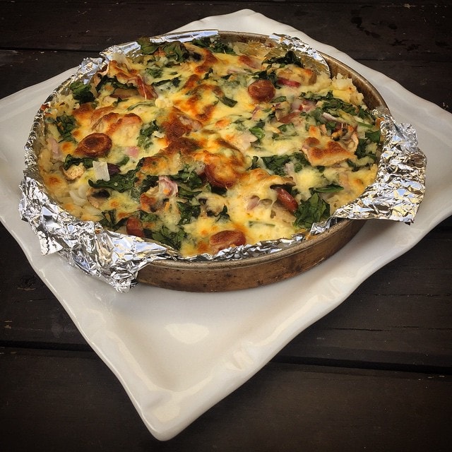 #Pepperoni, #Spinach, #Olive & #Onion #Faux #Pizza With #Cauliflower Base. Inspired by and heavily modified from http://www.ibreatheimhungry.com/2013/05/pepperoni-pizza-cauliflower-casserole-low-carb-and-gluten-free.html #SlowCarb #GlutenFree